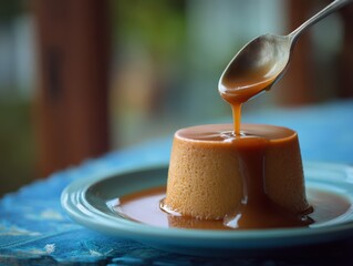 Close up of flan dessert being drizzled with caramel sauce on blue plate food photography