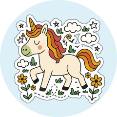 Cute Cartoon Unicorn Foal Walking Fantasy Vector