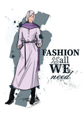 Set of young beautiful women in stylish clothes. Fashion sketch