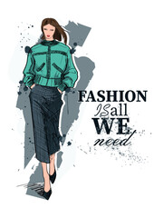 Set of young beautiful women in stylish clothes. Fashion sketch