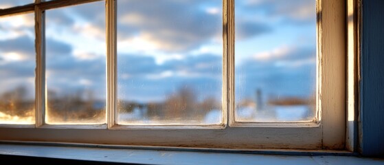 Fototapeta premium Window View of Cloudy Sky at Sunset from Inside House Low Angle Close Up Weather Concept