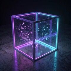 3d rendering of a hollow cube with glowing particles and neon lights