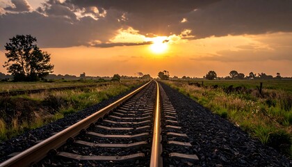 Railroad tracks leading to sunset