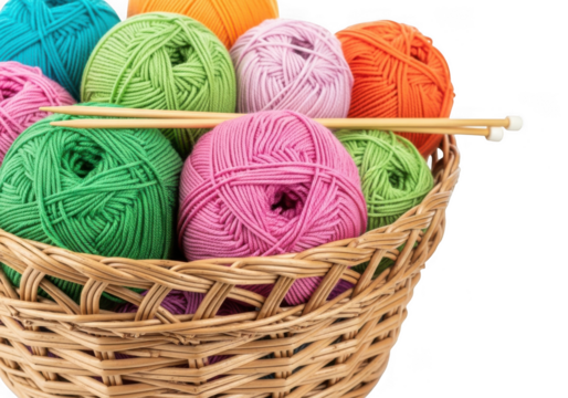 Colorful yarn balls and knitting needles in a woven basket isolated on transparent background