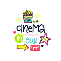 Cinema in Our Life: An illustrated movie night scene with popcorn and stars, evoking the joy of film and entertainment.