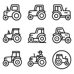 Diverse Collection of Black Line Art Tractors Depicting Agricultural Machinery.