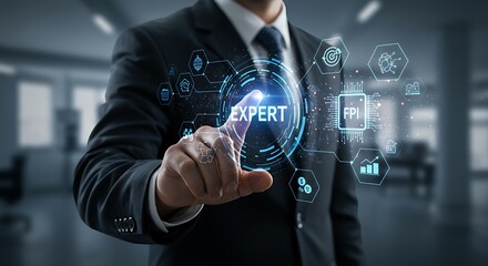 Business Professional Touching Blue Expert Interface in Office