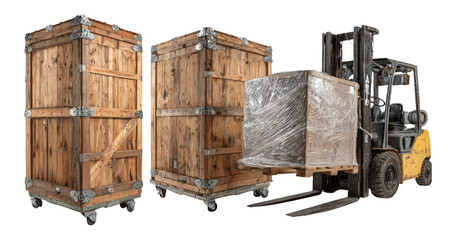 Wooden Crates with Forklift on Transparent Background for Isolated Use