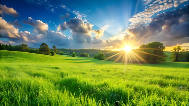 Sunrise over a green meadow with dramatic clouds