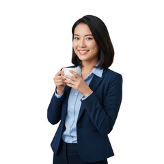 Smiling young woman in business attire holds coffee cup enjoying a break isolated on transparent background