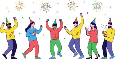 Group of diverse people celebrating with party hats confetti and fireworks in a festive atmosphere