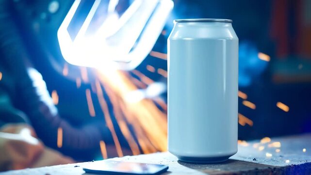 Creation in the Forge: A detailed shot of a blank aluminum can being forged, sparks fly around the can, highlighting the manufacturing process and the artistry of industry.