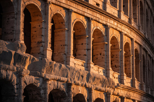 Close-up of Colosseum arches at sunrise with detailed textures glowing in warm golden light, historic Rome travel concept.jpeg