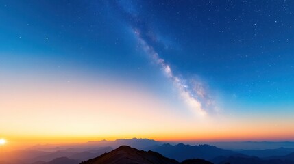 Cosmic Tapestry: Witness the ethereal beauty of the Milky Way arching across the canvas of a starlit night, casting its glow upon a majestic mountain range as dawn gently breaks.