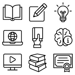 Education Icon Set Open Book Pencil Lightbulb Laptop Hand Brain Monitor Books Diploma.