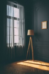 Interior scene of moody room with window light and tripod lamp in dark blue room with parquet floor and artwork