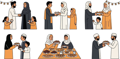 Illustrations of muslim families celebrating eid with food and exchanging greetings in various settings
