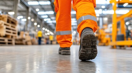 The Warehouse Walk: A worker strides purposefully through a vast warehouse, his vibrant safety gear and sturdy boots reflecting commitment to duty and work in an industrial environment. 