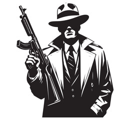 Gangster with gun illustration, vintage mafia man in hat, retro crime vector artwork