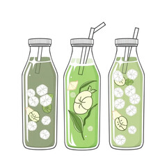 Cold-pressed green juice bottles with ice and straws