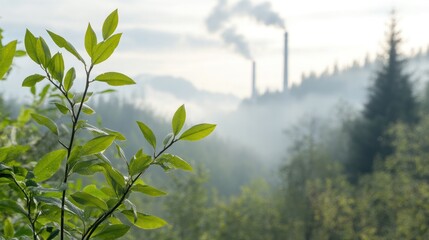 Contrast of Green and Gray: A vibrant, leafy branch stands in stark contrast to a hazy industrial scene, offering a thought-provoking glimpse of nature amidst industrial emissions.