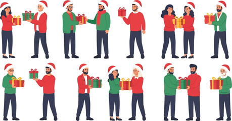 People in santa hats exchanging christmas gifts in a festive and joyful holiday celebration scene