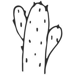 A simple, hand-drawn, black and white sketch of a prickly pear cactus with visible spines, isolated on a plain white background, evoking a minimalist, desert vibe.
