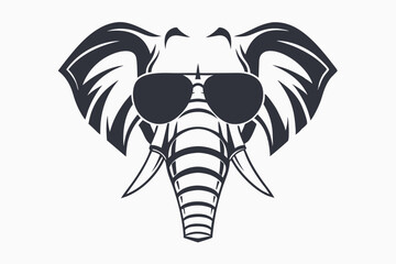 Stylized monochrome elephant head sporting aviator sunglasses against a clean white backdrop