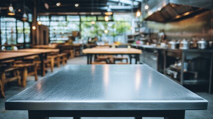 Fototapeta premium Restaurant interior shot with focus on stainless steel table surface in foreground and blurred background of dining area and kitchen