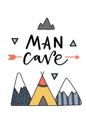 Digital art in the style of a children's book illustration: "MAN CAVE" text with mountains, teepee, and arrow, creating a playful, adventurous, and inviting mood.
