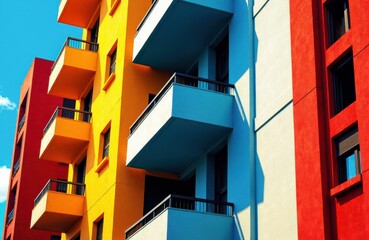 Fototapeta premium Colorful apartment building with vibrant yellow, blue, and red facades and modern balconies