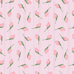 A seamless pattern of pink tulips looks beautiful, with green leaves and stems. The pink background is decorated with stripes and polka dots for curtains, wallpaper, textiles, wrapping paper, napkins