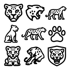 Graphic Leopard Icons Roaring Walking Sitting and Paw Print in Bold Black Outline.