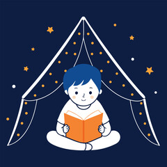 A young boy with blue hair sits cross legged inside a glowing tent adorned with fairy lights engrossed in reading an orange book under a starry night sky