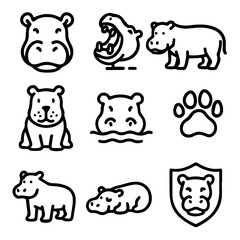 Hippo Icon Set Diverse Poses Paw Print and Crest in Bold Line Art.