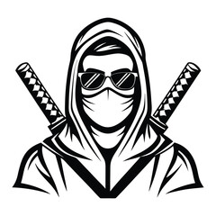 Stylized ninja warrior with sunglasses and a hood holds crossed katana swords behind the back © Shimul