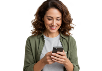 Smiling woman holding smartphone isolated on transparent background