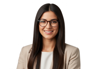 Young woman wearing glasses smiling isolated on transparent background