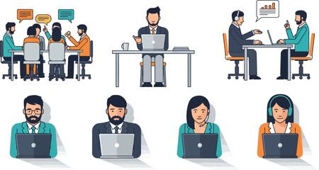 Illustration of business people in meetings and working at desks with laptops and headsets on white