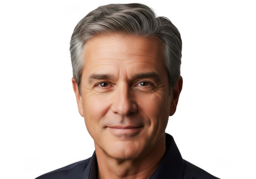 Portrait of a smiling middle aged man with gray hair isolated on transparent background