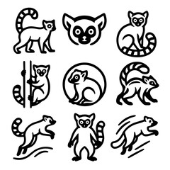 Lemur Line Art Collection Playful Poses and Expressive Faces in Black and White.