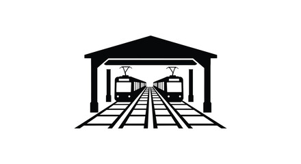 Black and white illustration of a train station with two trams inside