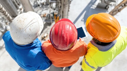 Construction Workers Collaboration: A high-angle shot showcases three construction workers, each donned in safety helmets and work attire.
