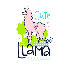 Digital art: A cute pink llama with a heart stands near green trees above 