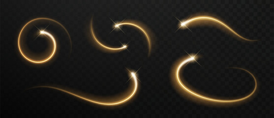 Gold star light trail set. Glowing magic swirl with glitter dust and shining flare vector