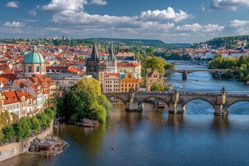 Obraz premium Historic Prague Charles Bridge and Vltava River Cityscape