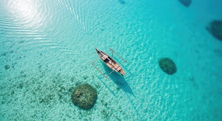 Aerial View of a Small Boat Floating on Crystal Clear Turquoise Ocean Water with Coral Reefs