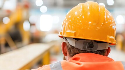 Focused Construction Worker: A dedicated construction worker, viewed from behind, dons an orange safety helmet and vest, showcasing commitment to safety and diligence on the job.
