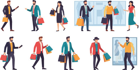 Illustration of people shopping with bags near storefronts and using their mobile phones on white