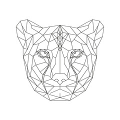 Digital art in the style of geometric line art: a cheetah head constructed from triangles, centered on a white background, creating a minimalist, modern aesthetic.
